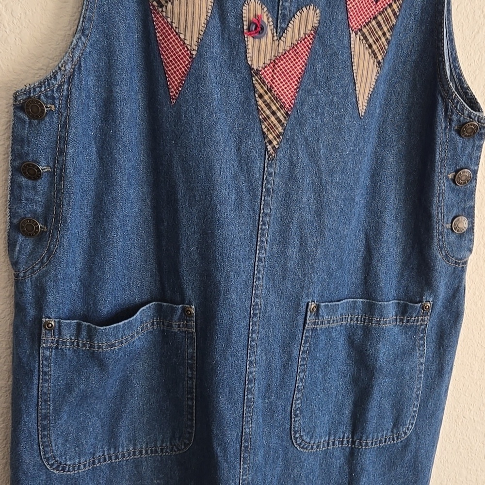 Vintage Denim Jumper Dress with Patchwork Heart Accents And Two Side Slits - Picture 7 of 10